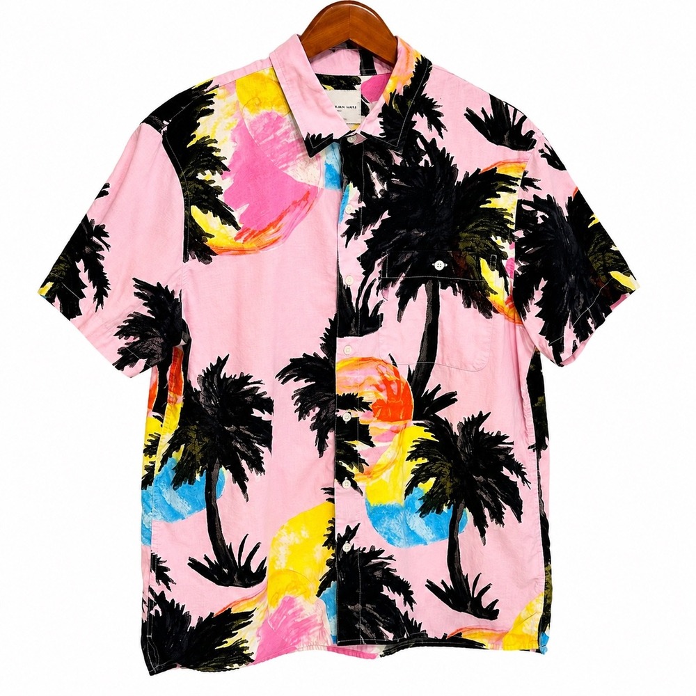 American Eagle Mens Large Pink Tropical Palm Tree Sunset Button Down Shirt L